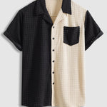 Men's Terry Cloth Plaid Color Block Cuban Collar Shirt Casual Shorts Set