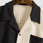 Men's Terry Cloth Plaid Color Block Cuban Collar Shirt Casual Shorts Set
