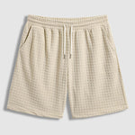 Men's Terry Cloth Plaid Color Block Cuban Collar Shirt Casual Shorts Set