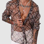 Men's  Sexy Sheer Plaid Colorful Print Long Sleeve Shirt