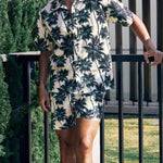Men's tropical coconut tree print short-sleeved Hawaiian resort shirt + casual shorts two-piece set