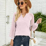Zeagoo V Neck Tops Solid Color Blouse Long Sleeve Pullover Lace Patchwork Shirt