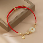 Buddha Stones 18K Gold Plated Hetian Jade Peace Buckle Fu Character Luck Red Rope Bracelet