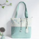 Buddha Stones Pear Flower Plum Peach Blossom Bamboo Embroidery Canvas Large Capacity Shoulder Bag Tote Bag