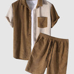 Men's Waffle Corduroy Casual Short Sleeve Shorts Set