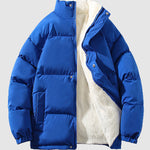Men's solid color fleece-lined stand collar warm puffer jacket