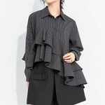 Women's Asymmetrical Double Layer Ruffle Hem Striped Shirt