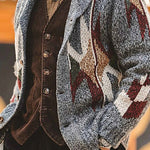 Men's vintage jacquard lapel button-knit sweater