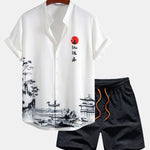 Ink Landscape Painting Stand Collar Shirt & Man Mid Length Drawstring Swim Shorts