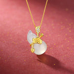 Buddha Stones Cyan Jade Gourd Lotus Leaf Abundance Pendant Necklace