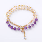 Buddha Stones Natural Amethyst Aquamarine Strawberry Quartz Pearl Peace Healing Double Wrap Bracelet