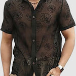Men's lace embroidered rose flower short-sleeved shirt