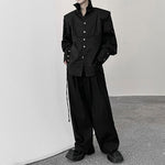 Tie-decorated Button-down Shoulder-padded Solid Color Shirt