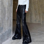 Zippered Shiny Striped Flared PU Leather Trousers