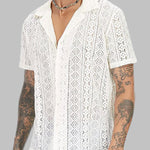 Men's Lace Hollow Loose Fit Cuban Collar Short Sleeve Shirt