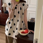 Round Neck Polka Dot Slit Mid-length Top Women's Cotton Linen Shirt
