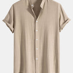 Linen And Rayon Blend Stand Collar Shirt & Wrinkle Textured Straight Leg Pants