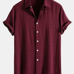 Linen Rayon Blend Button Up Shirt & Crinkled Textured Drawstring Shorts