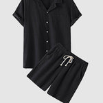 Men's solid color cotton-linen casual vacation short-sleeved shirt and shorts set