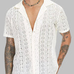 Men's Lace Hollow Loose Fit Cuban Collar Short Sleeve Shirt