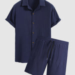 Men's pleated textured solid color short sleeve set