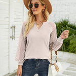 Zeagoo V Neck Tops Solid Color Blouse Long Sleeve Pullover Lace Patchwork Shirt