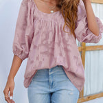 Zeagoo Quare Neck Babydoll Tops 3/4 Puff Sleeve Lace Blouse Summer Floral Textured Shirts