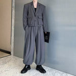 Cropped Flap Pocket Blazer Draped Pleated Cuffed Wide-leg Trousers Two-piece Set