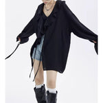 Large Ruffled V-neck And Tie-up Loose Shirt