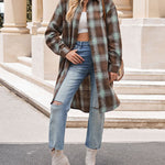 Zeagoo Plaid Longline Button-Up Shacket Lapel Neck Long Sleeve Shirt Pocket