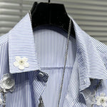 Three-dimensional Flower Loose Blue Striped Shirt