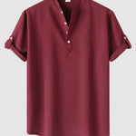 Men's Solid Color Half Button Stand Collar Short Sleeve Shirt