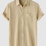 Men's solid color striped textured casual button-down Short Sleeve Shirt