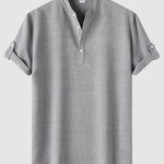 Men's Solid Color Half Button Stand Collar Short Sleeve Shirt