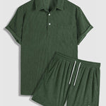 Men's Corduroy Half Button Short Sleeve Shirt Casual Shorts Set