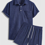 Men's Corduroy Half Button Short Sleeve Shirt Casual Shorts Set