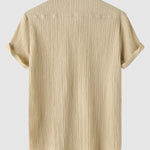 Men's solid color striped textured casual button-down Short Sleeve Shirt