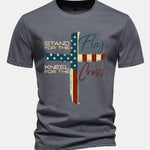 Regular Fit Retro American Flag Cross Print Cotton T-Shirt