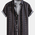 Linen Look Ethnic Geometric Print Button Up Shirt