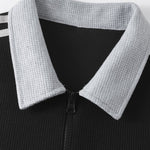 Stripe Waffle Zipper Polo Neck Sweatshirt
