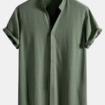 Short Sleeve V Neck Linen Rayon Blend Shirt & Linen Cotton Blend Drawstring Shorts