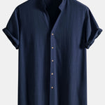 Short Sleeve V Neck Linen Rayon Blend Shirt & Linen Cotton Blend Drawstring Shorts