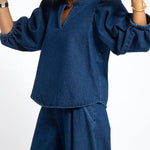 Zeagoo Women's Casual Denim Two-piece Set Loose Puffed Sleeve Blouse and Wide-leg Pants