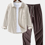 Long Sleeve Linen Cotton Shirt With Pocket & Straight Leg Linen Pants