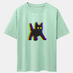 Glitch Black Cat Print Drop Shoulder Oversize T-Shirt