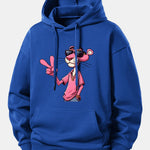 Pink Panther With A V Sign Print Relax Fit Hoodie