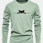Long Sleeve Black Cat Print Cotton T-Shirt