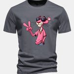Regular Fit Pink Panther With V Sign Print Cotton T-Shirt