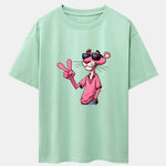 Pink Panther With V Sign Print Drop Shoulder Oversize T-Shirt