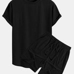 Striped Towelling Texture Arc Hem T-Shirt & Shorts